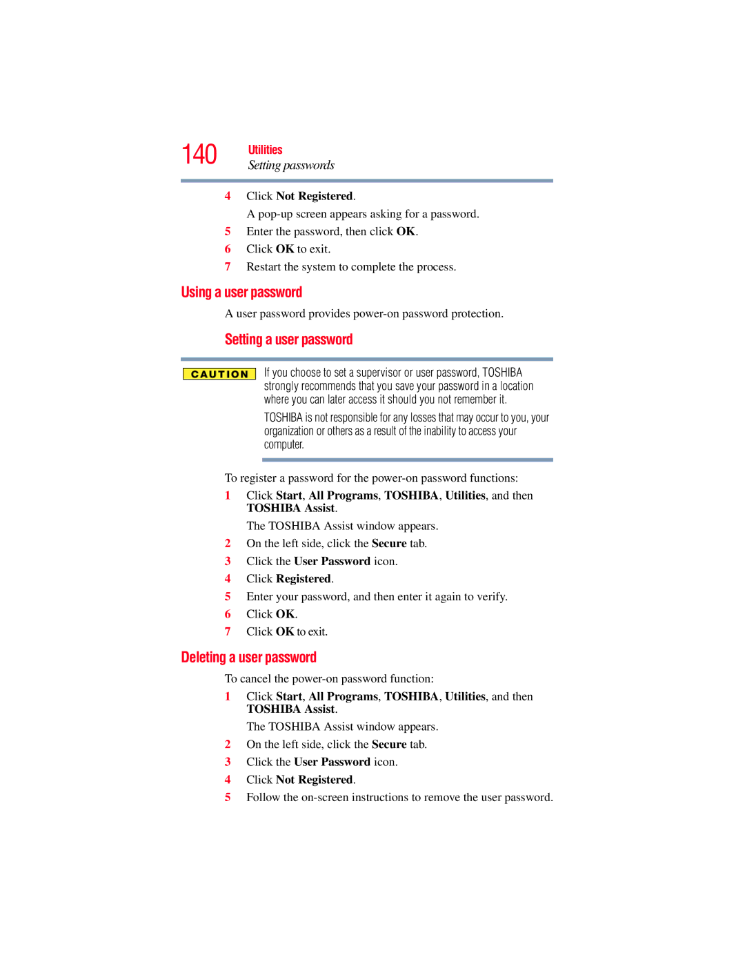 Toshiba E300 manual Using a user password, Setting a user password, Deleting a user password, Click Not Registered 