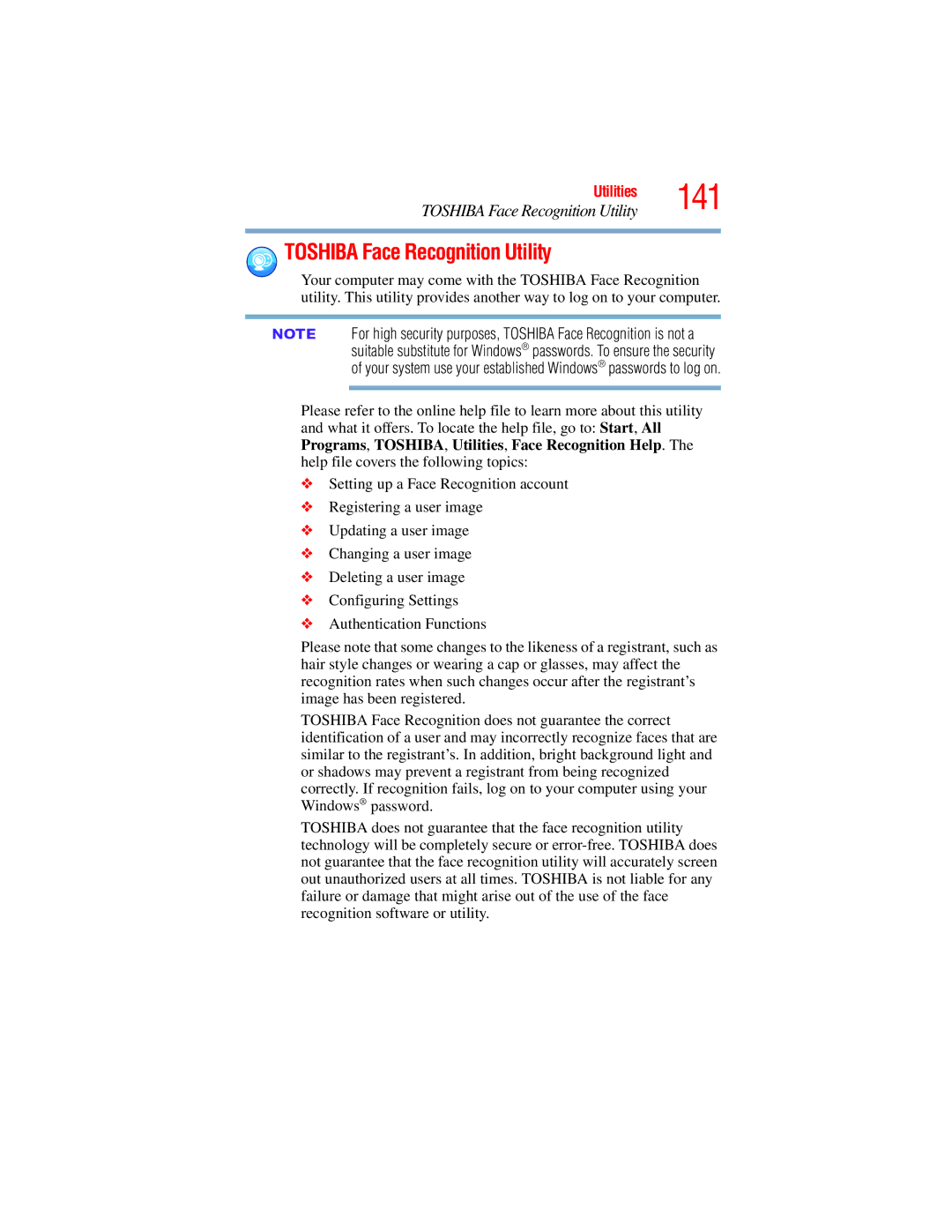 Toshiba E300 manual Toshiba Face Recognition Utility 