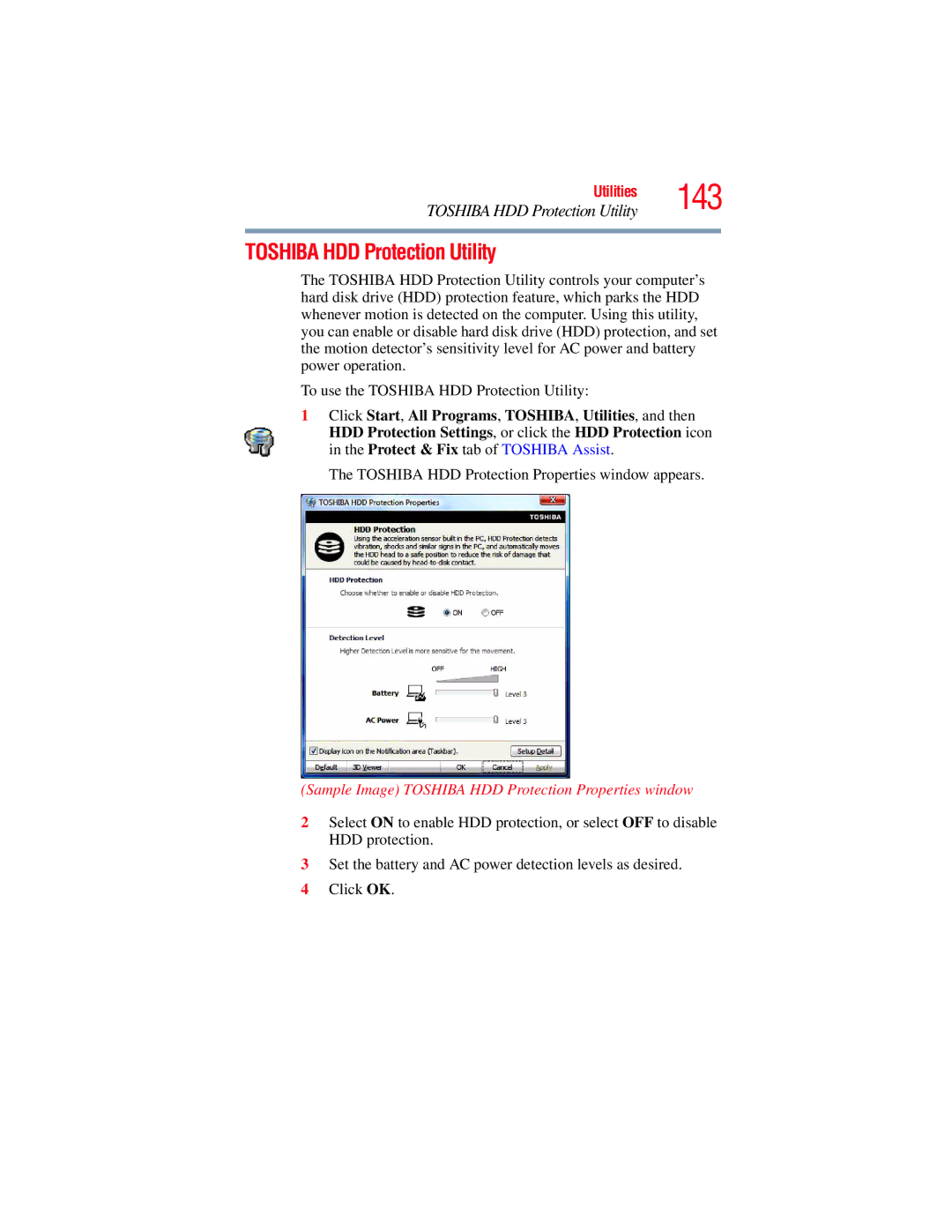 Toshiba E300 manual Toshiba HDD Protection Utility, Sample Image Toshiba HDD Protection Properties window 