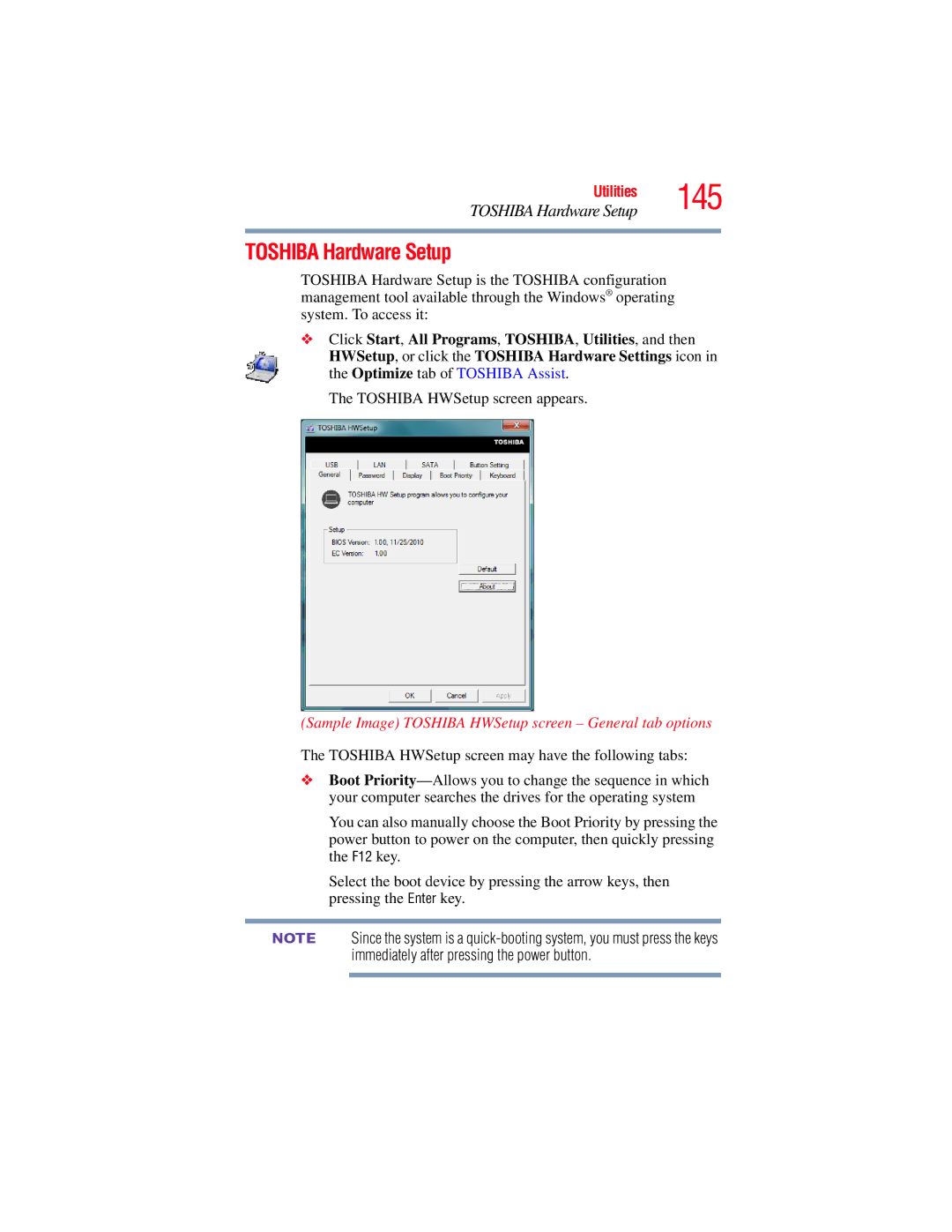 Toshiba E300 manual Toshiba Hardware Setup, Sample Image Toshiba HWSetup screen General tab options 