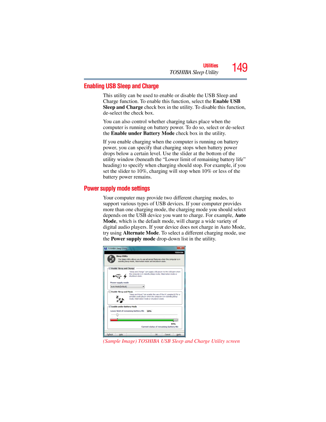 Toshiba E300 manual Enabling USB Sleep and Charge, Power supply mode settings 