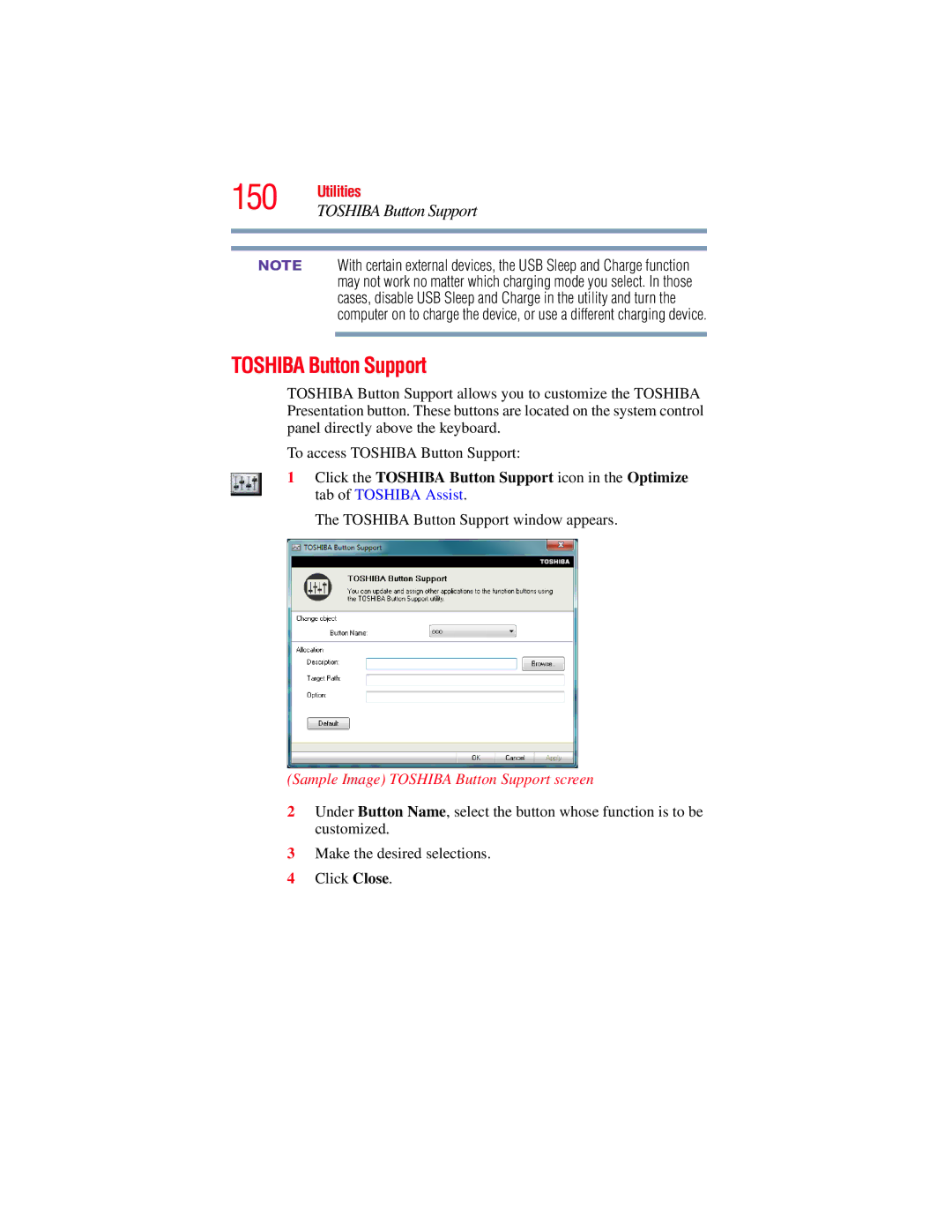 Toshiba E300 manual Sample Image Toshiba Button Support screen 