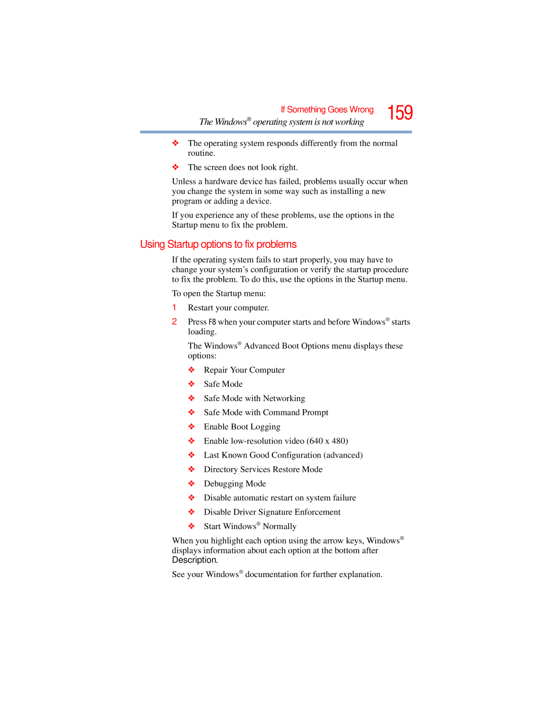 Toshiba E300 manual 159, Using Startup options to fix problems 