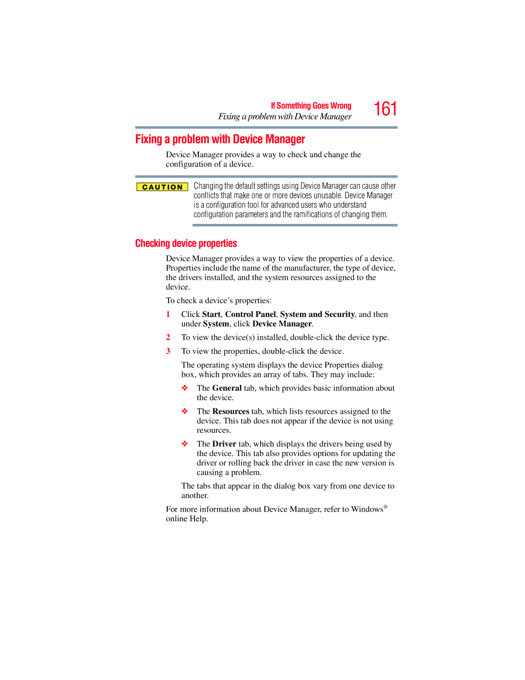 Toshiba E300 manual 161, Fixing a problem with Device Manager, Checking device properties 