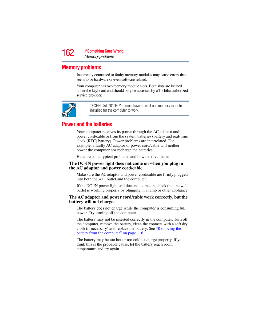 Toshiba E300 manual 162, Memory problems, Power and the batteries 