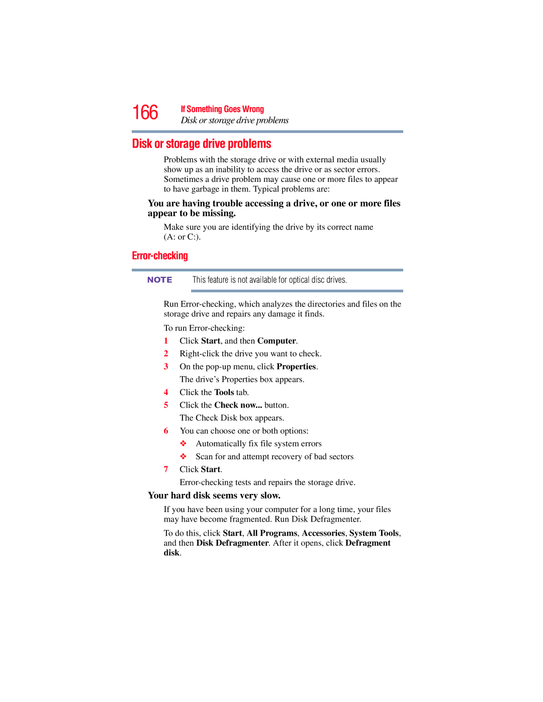 Toshiba E300 manual 166, Disk or storage drive problems, Error-checking, Your hard disk seems very slow 