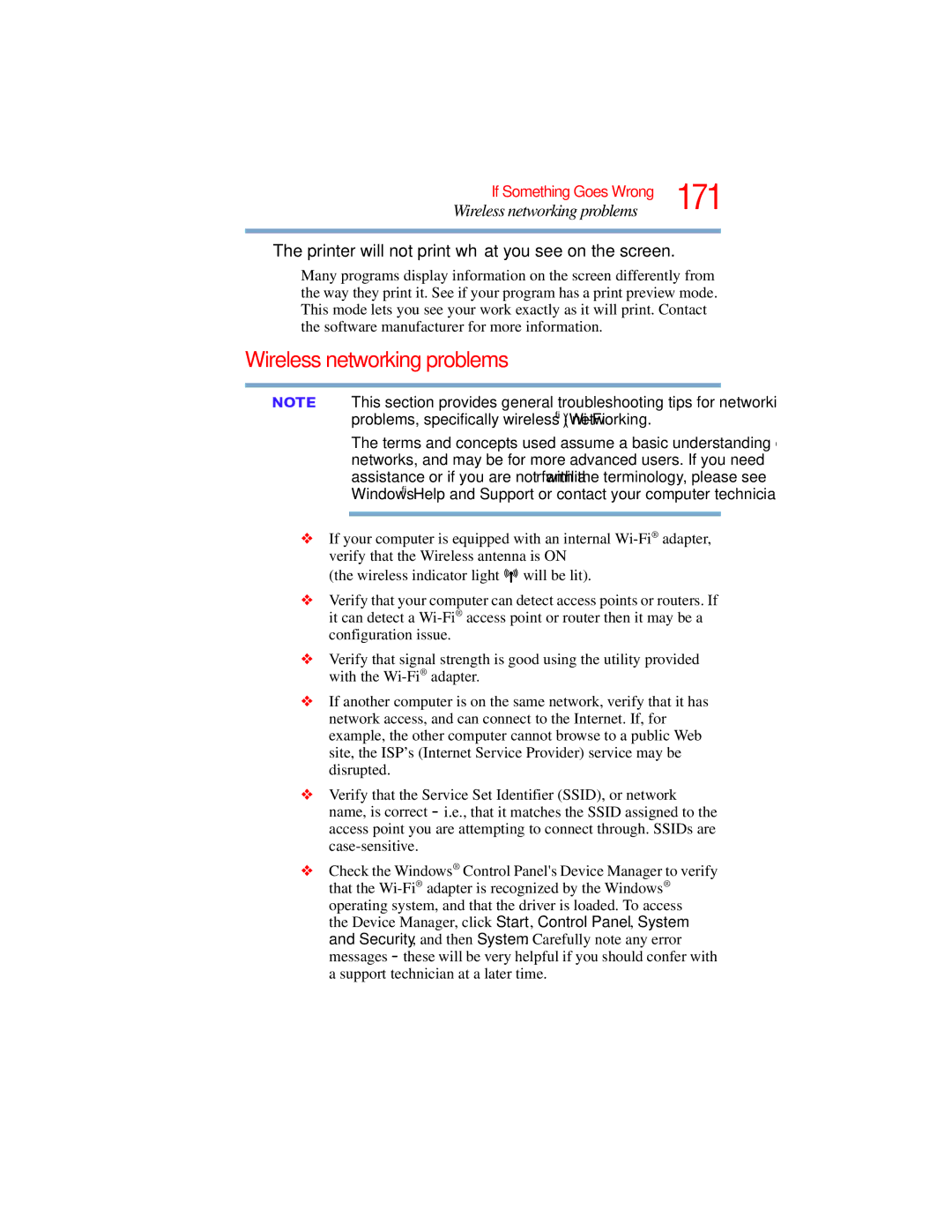 Toshiba E300 manual 171, Wireless networking problems, Printer will not print what you see on the screen 