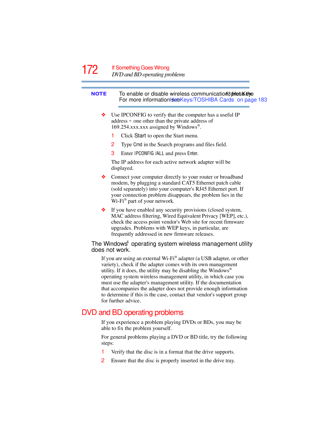 Toshiba E300 manual 172, DVD and BD operating problems 