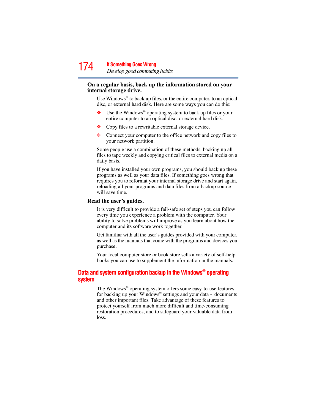 Toshiba E300 manual 174, Develop good computing habits, Read the user’s guides 