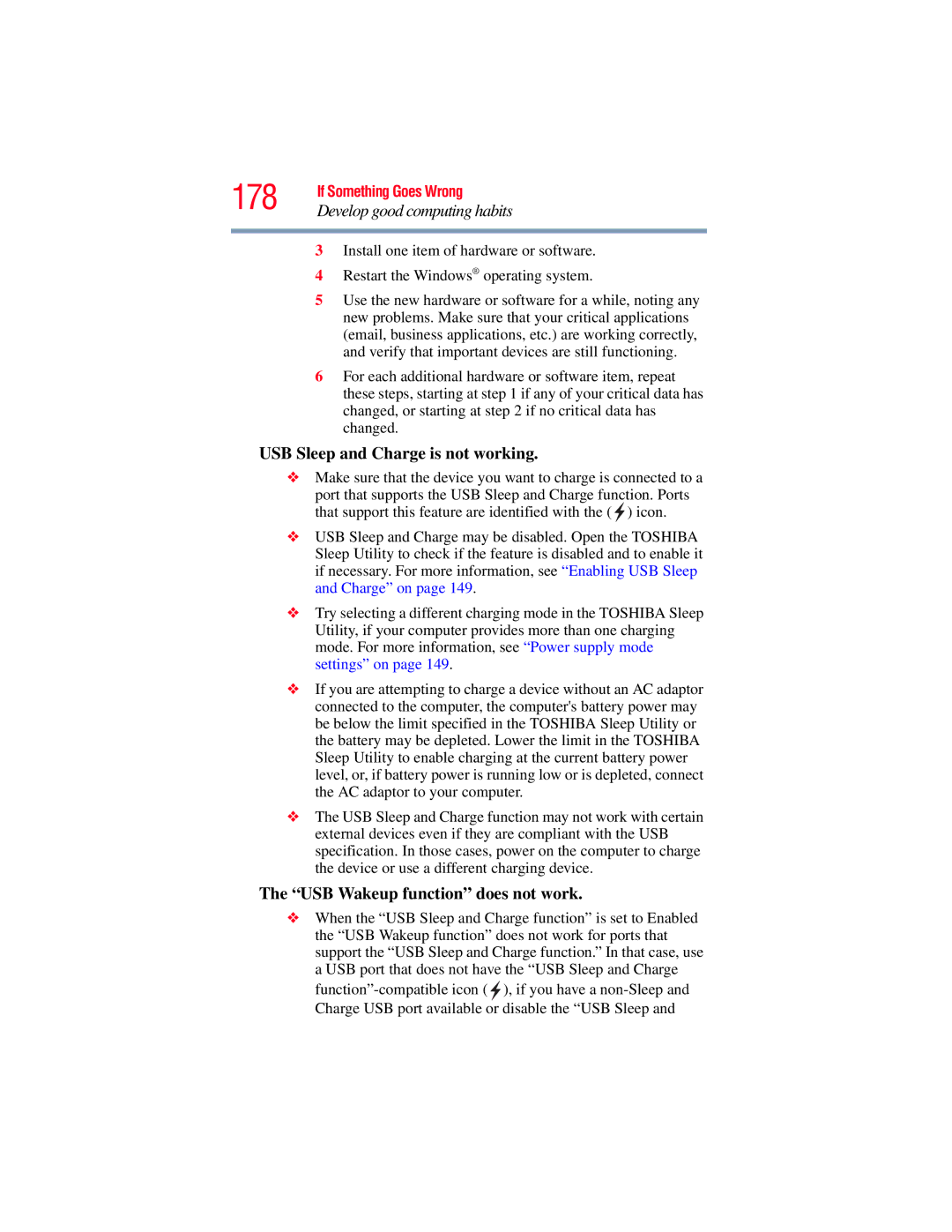 Toshiba E300 manual 178, USB Sleep and Charge is not working, USB Wakeup function does not work 