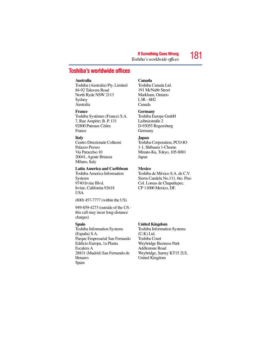 Toshiba E300 manual 181, Toshiba’s worldwide offices 