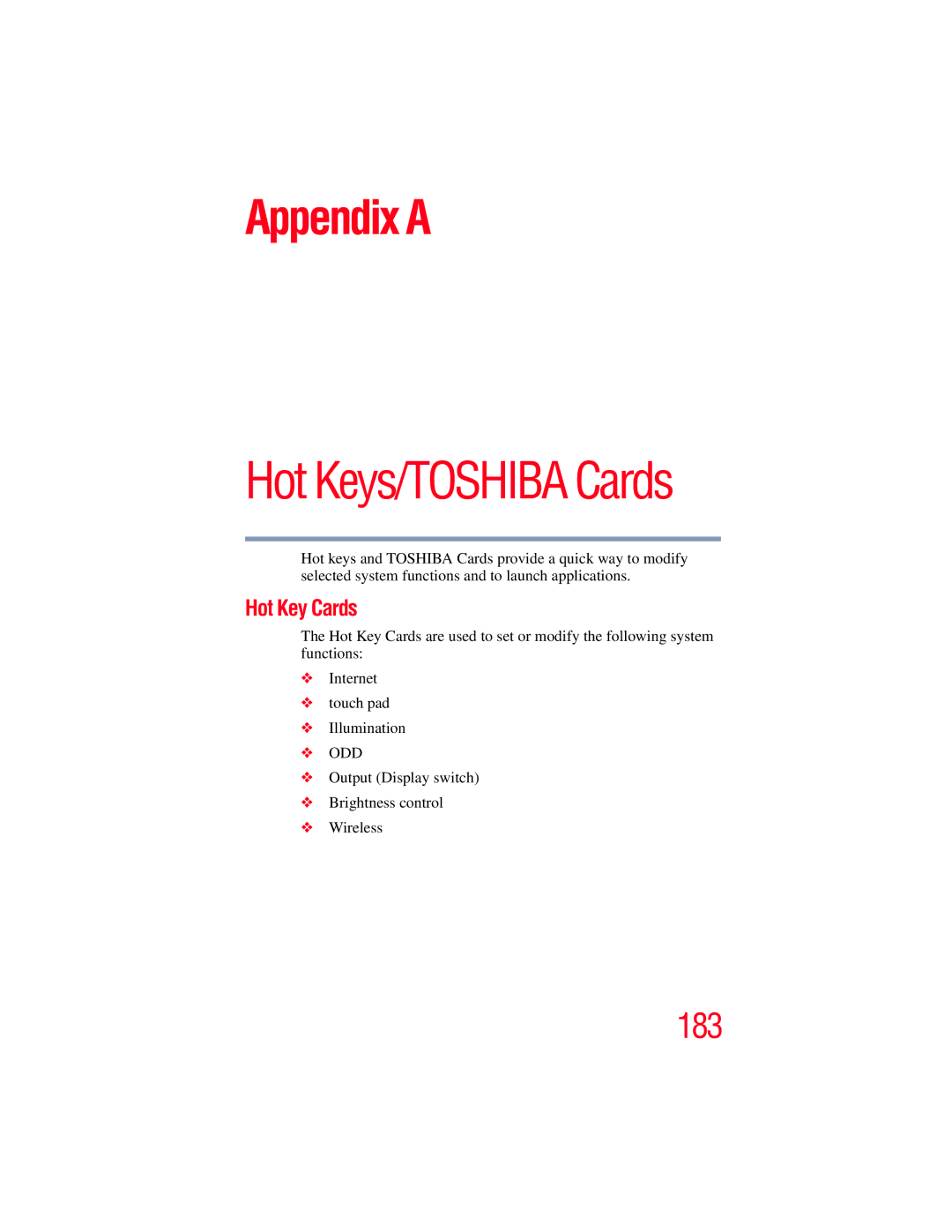 Toshiba E300 manual Appendix a, Hot Key Cards 