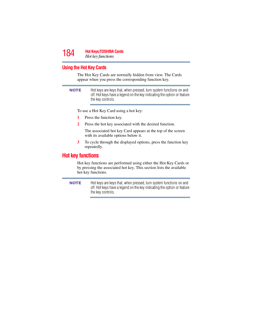 Toshiba E300 manual 184, Hot key functions, Using the Hot Key Cards 