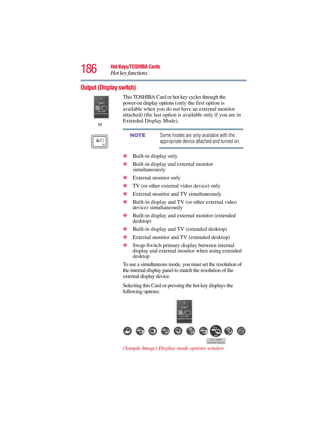 Toshiba E300 manual 186, Output Display switch, Sample Image Display mode options window 