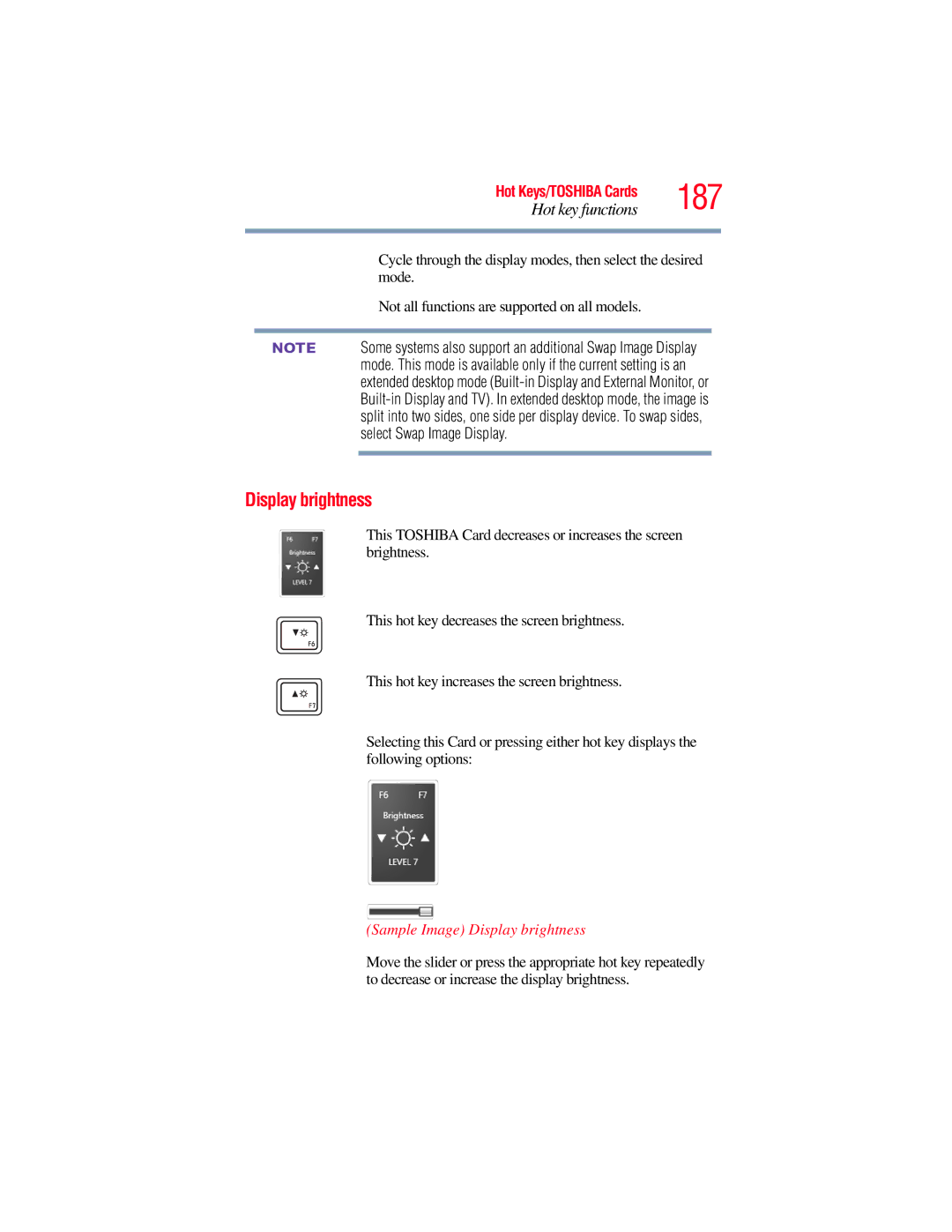 Toshiba E300 manual 187, Sample Image Display brightness 