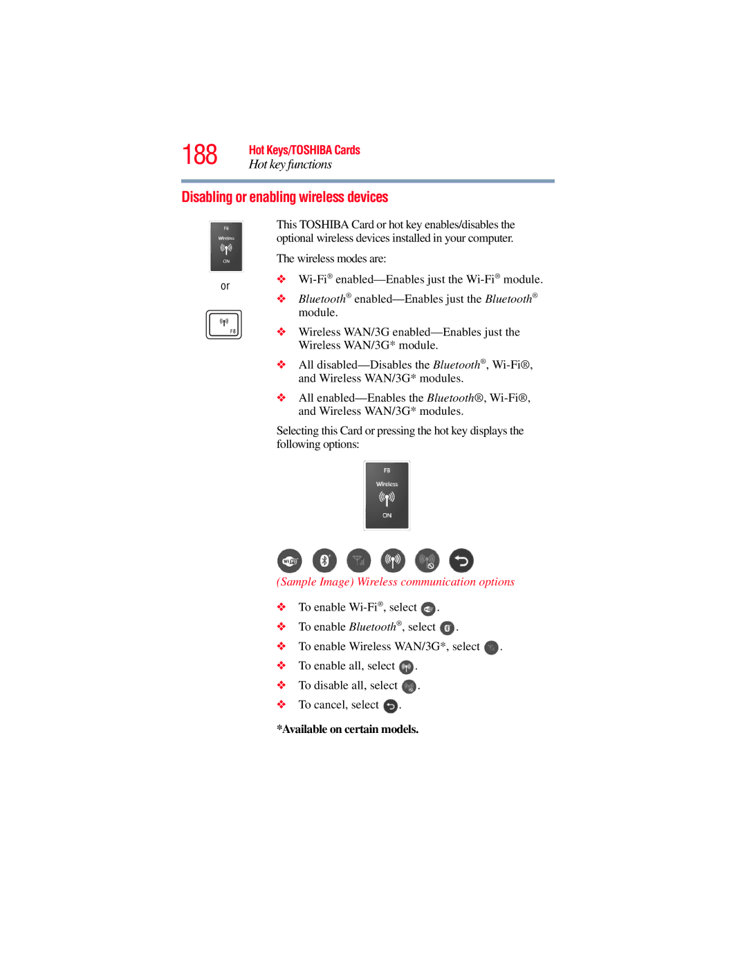 Toshiba E300 manual 188, Disabling or enabling wireless devices, Sample Image Wireless communication options 