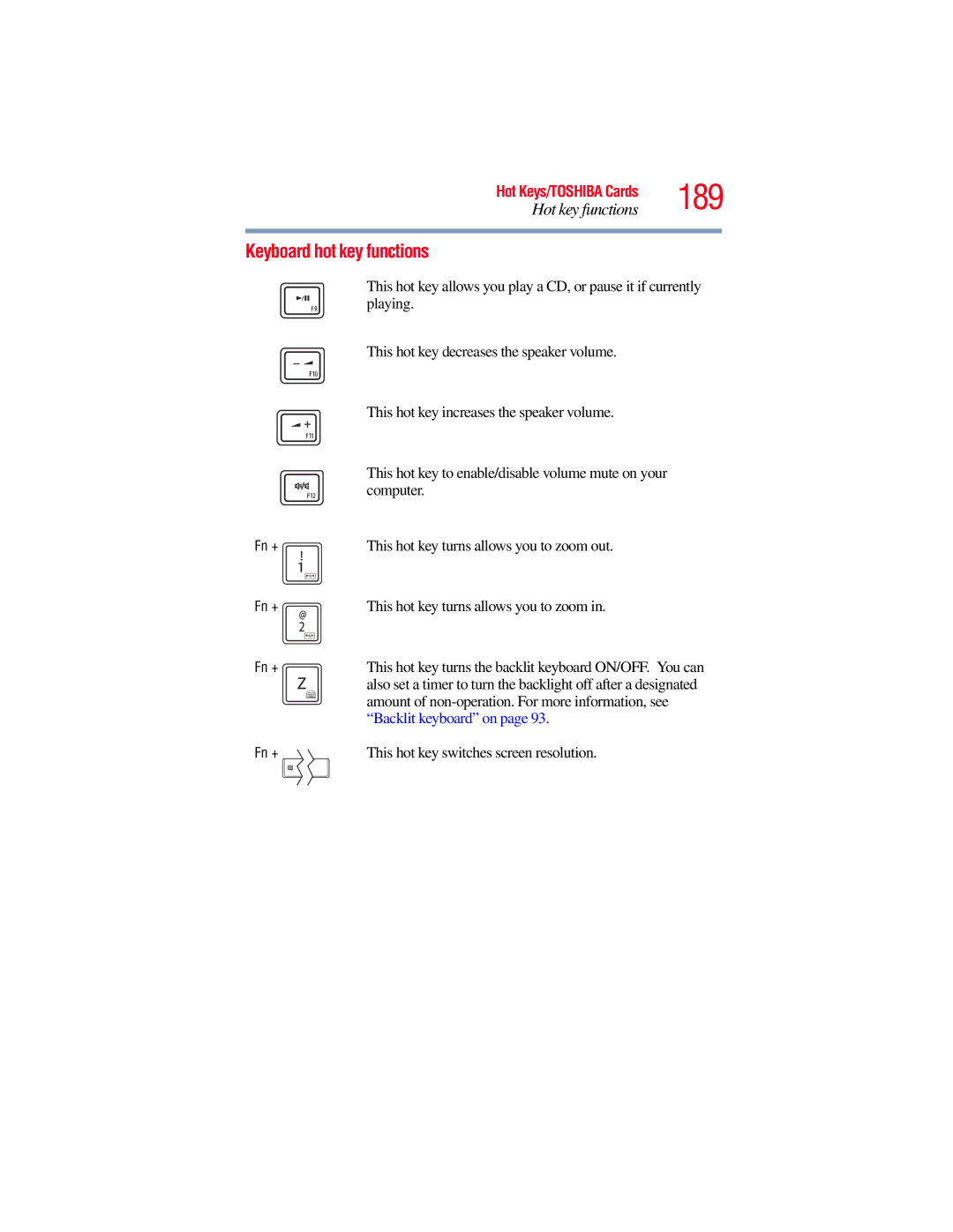 Toshiba E300 manual 189, Keyboard hot key functions 