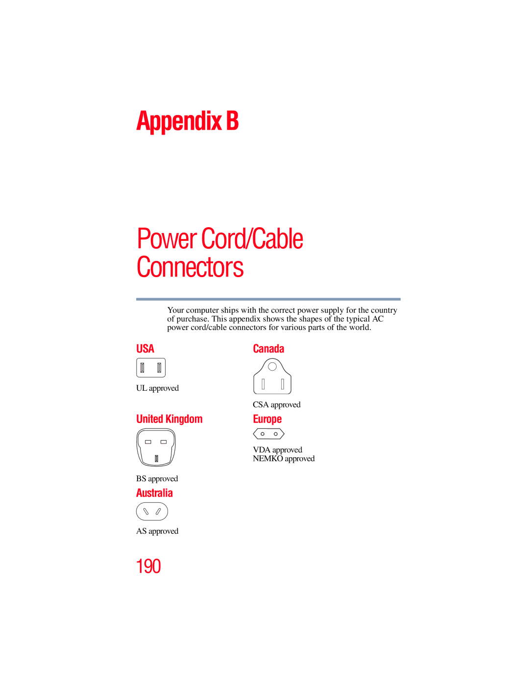 Toshiba E300 manual Power Cord/Cable Connectors 