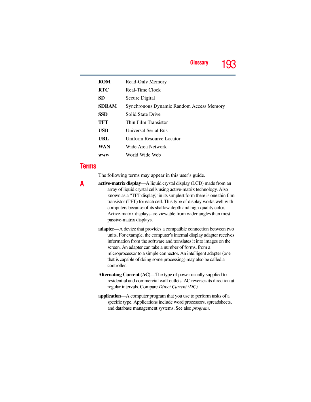 Toshiba E300 manual 193, Terms 