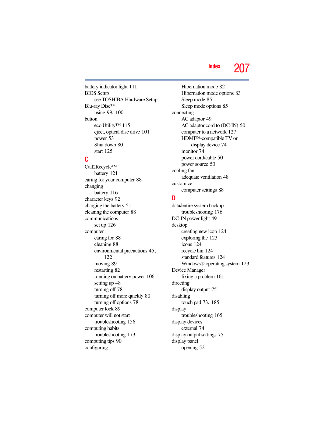 Toshiba E300 manual Index 