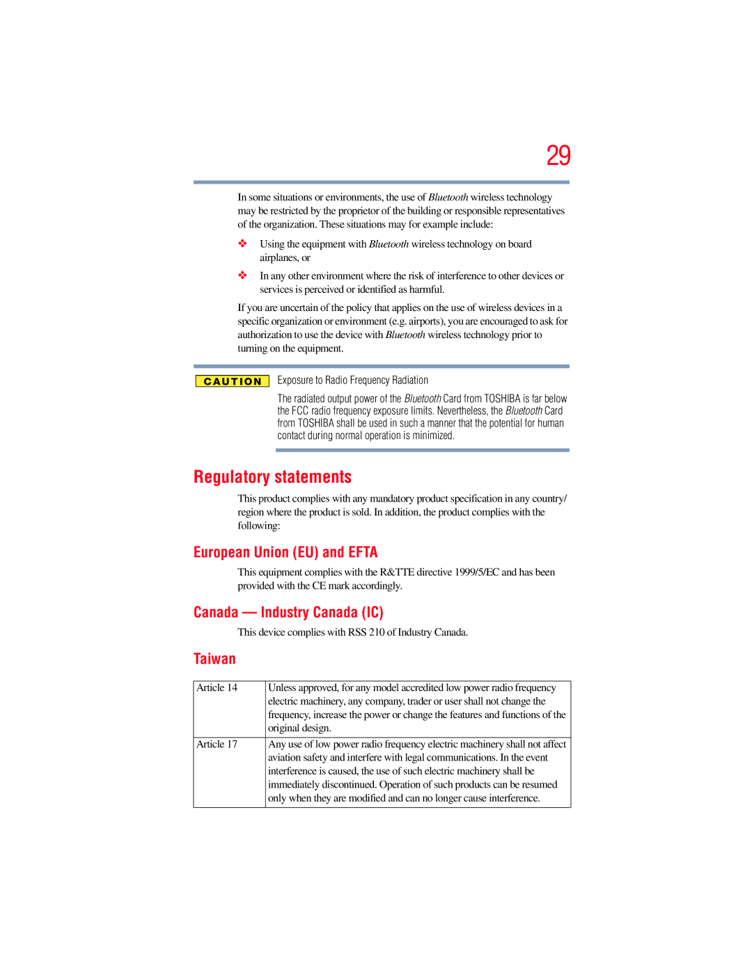 Toshiba E300 manual Regulatory statements, European Union EU and Efta 