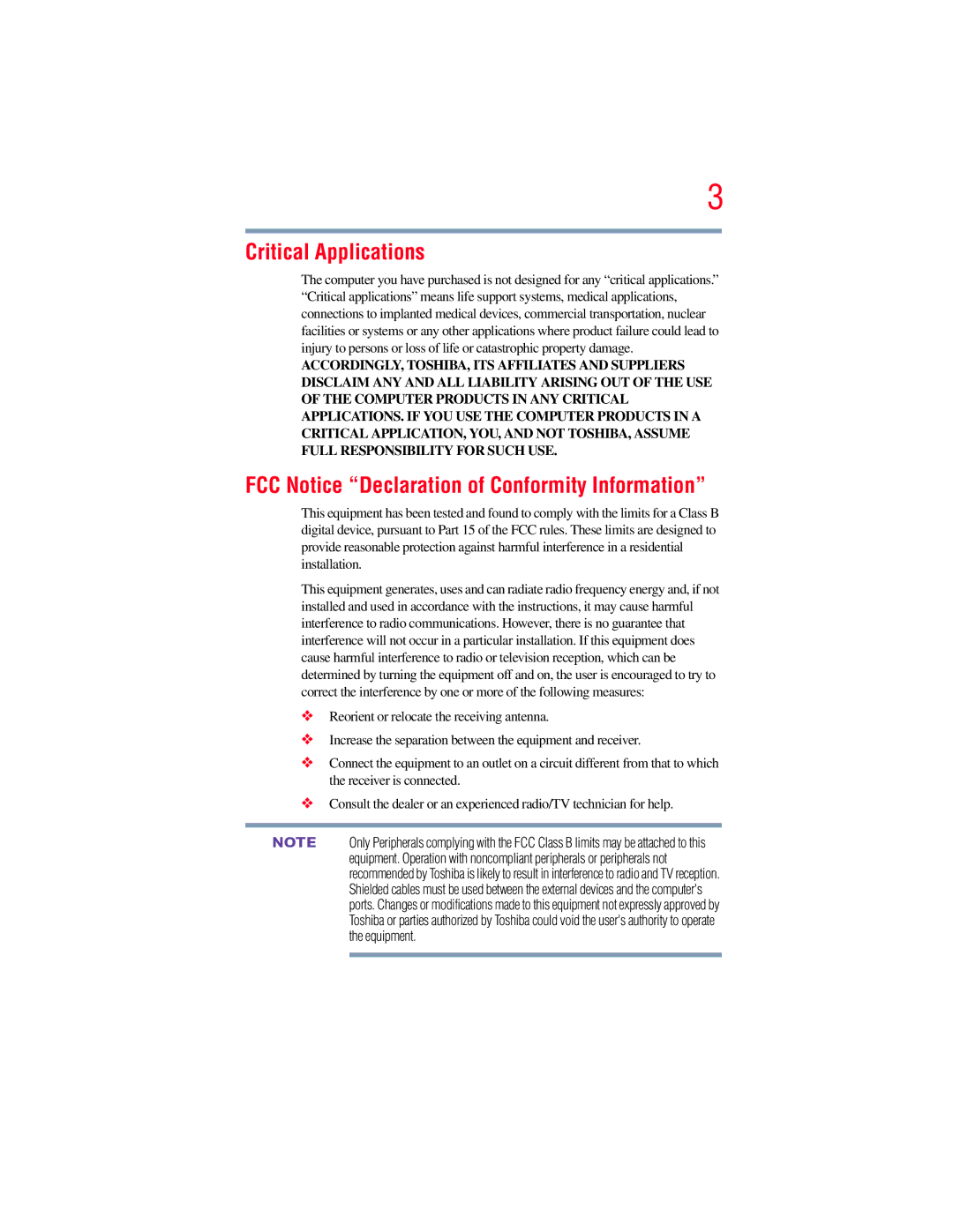 Toshiba E300 manual Critical Applications, FCC Notice Declaration of Conformity Information 