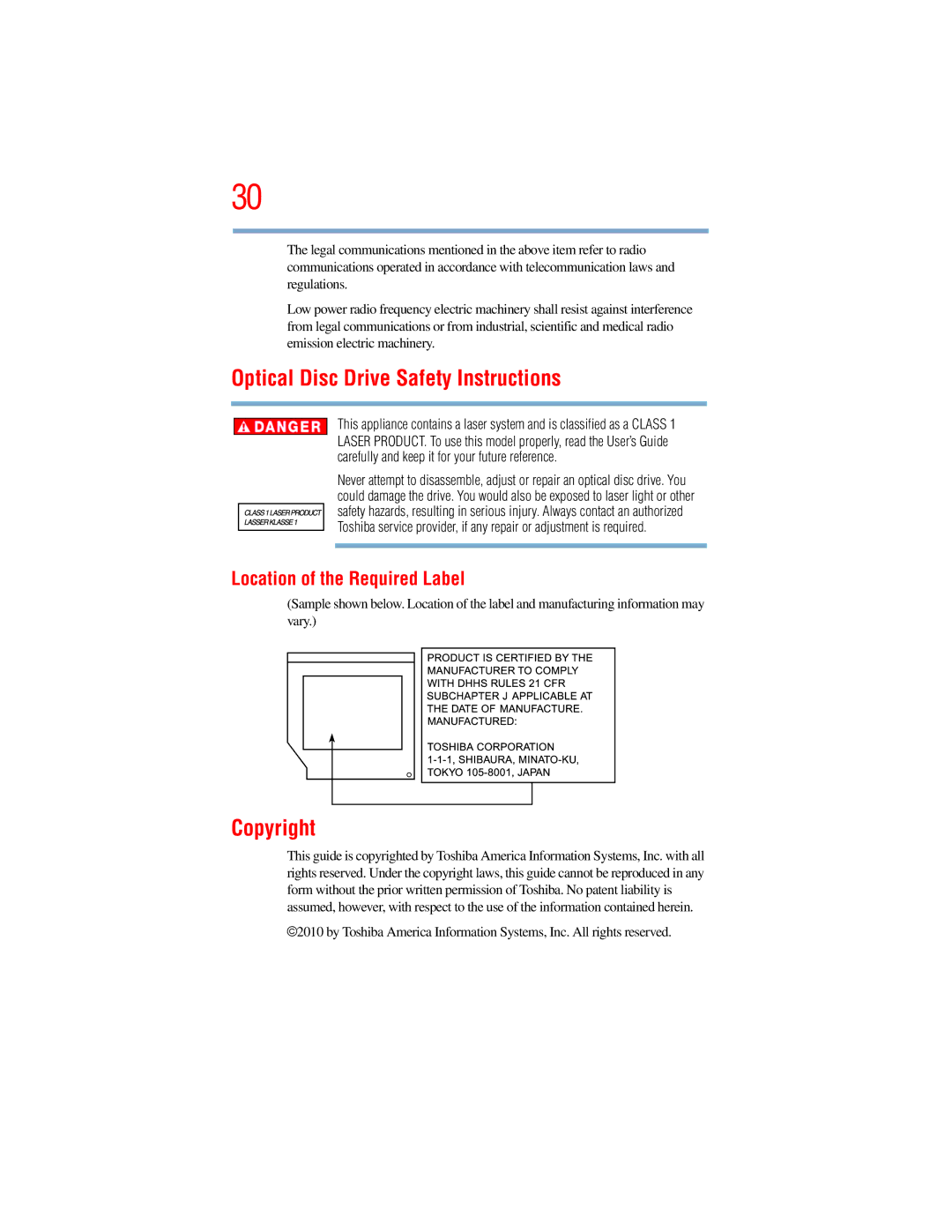 Toshiba E300 manual Optical Disc Drive Safety Instructions, Copyright, Location of the Required Label 