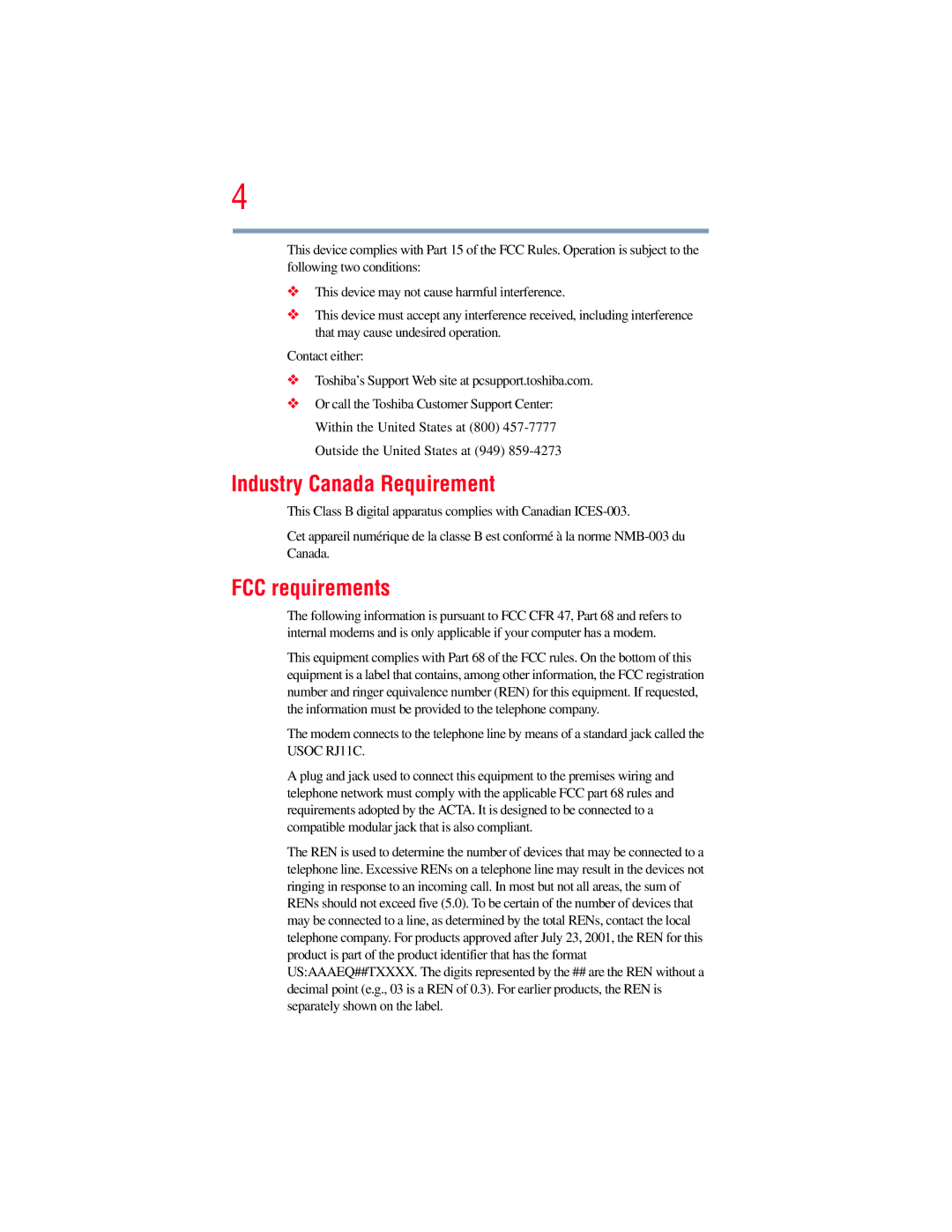 Toshiba E300 manual Industry Canada Requirement, FCC requirements 