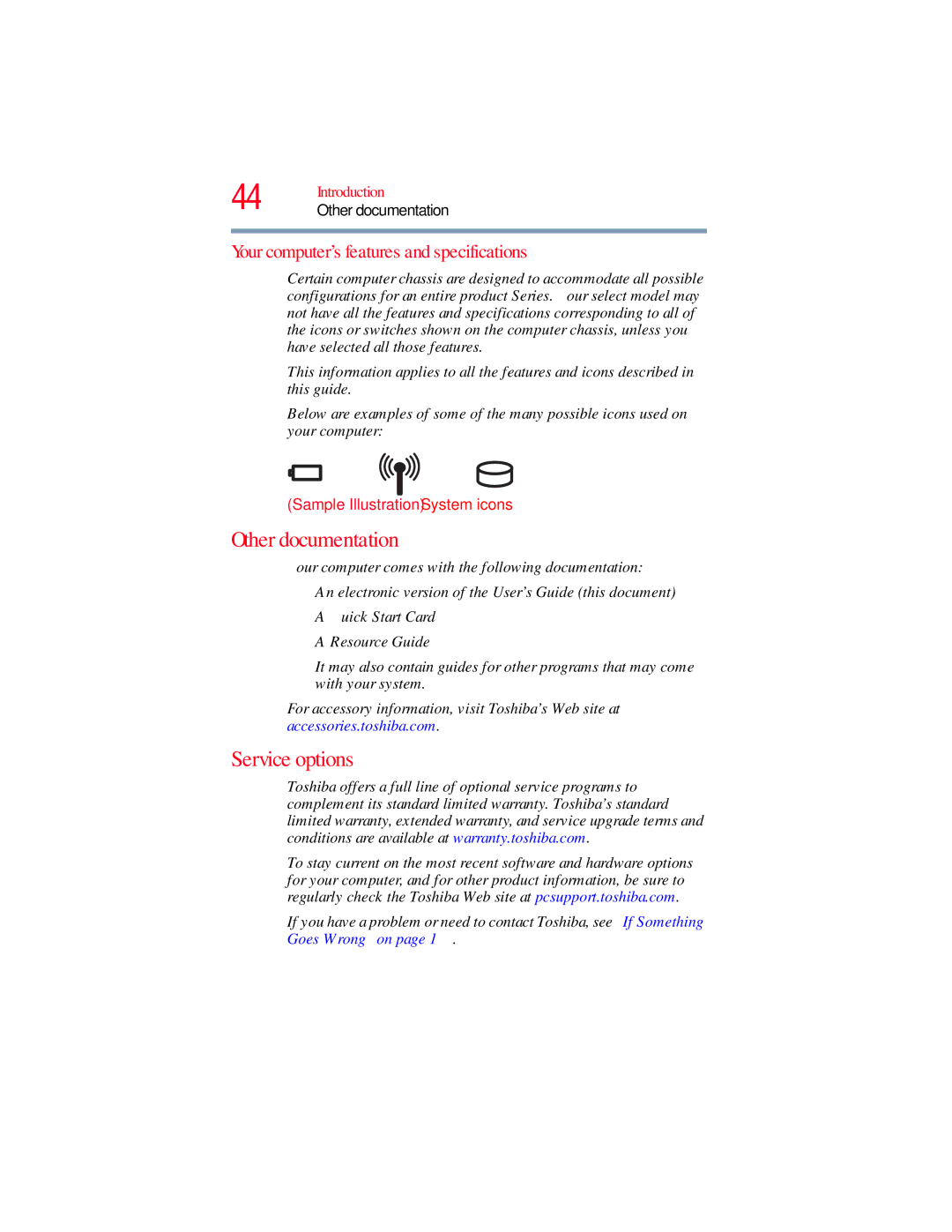 Toshiba E300 manual Other documentation, Service options, Your computer’s features and specifications 