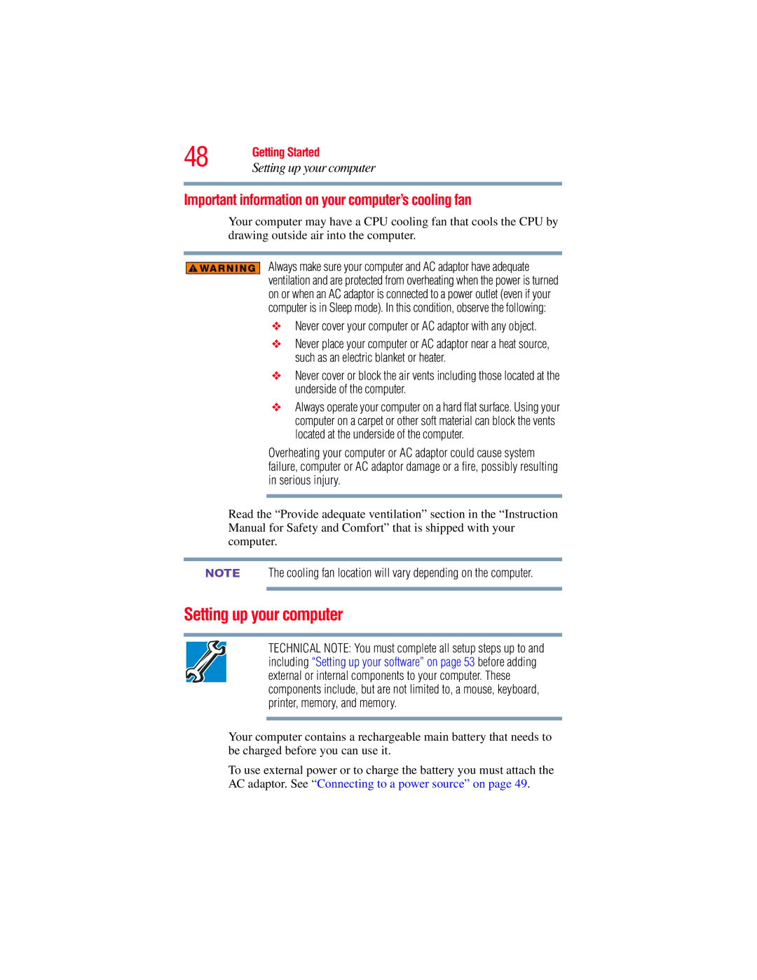 Toshiba E300 manual Setting up your computer, Important information on your computer’s cooling fan 