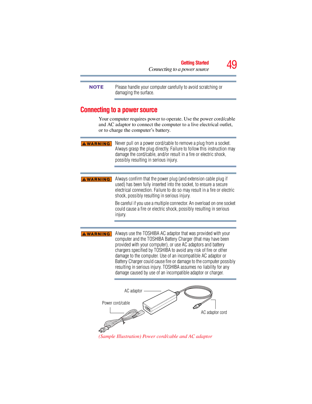 Toshiba E300 manual Connecting to a power source, Sample Illustration Power cord/cable and AC adaptor 