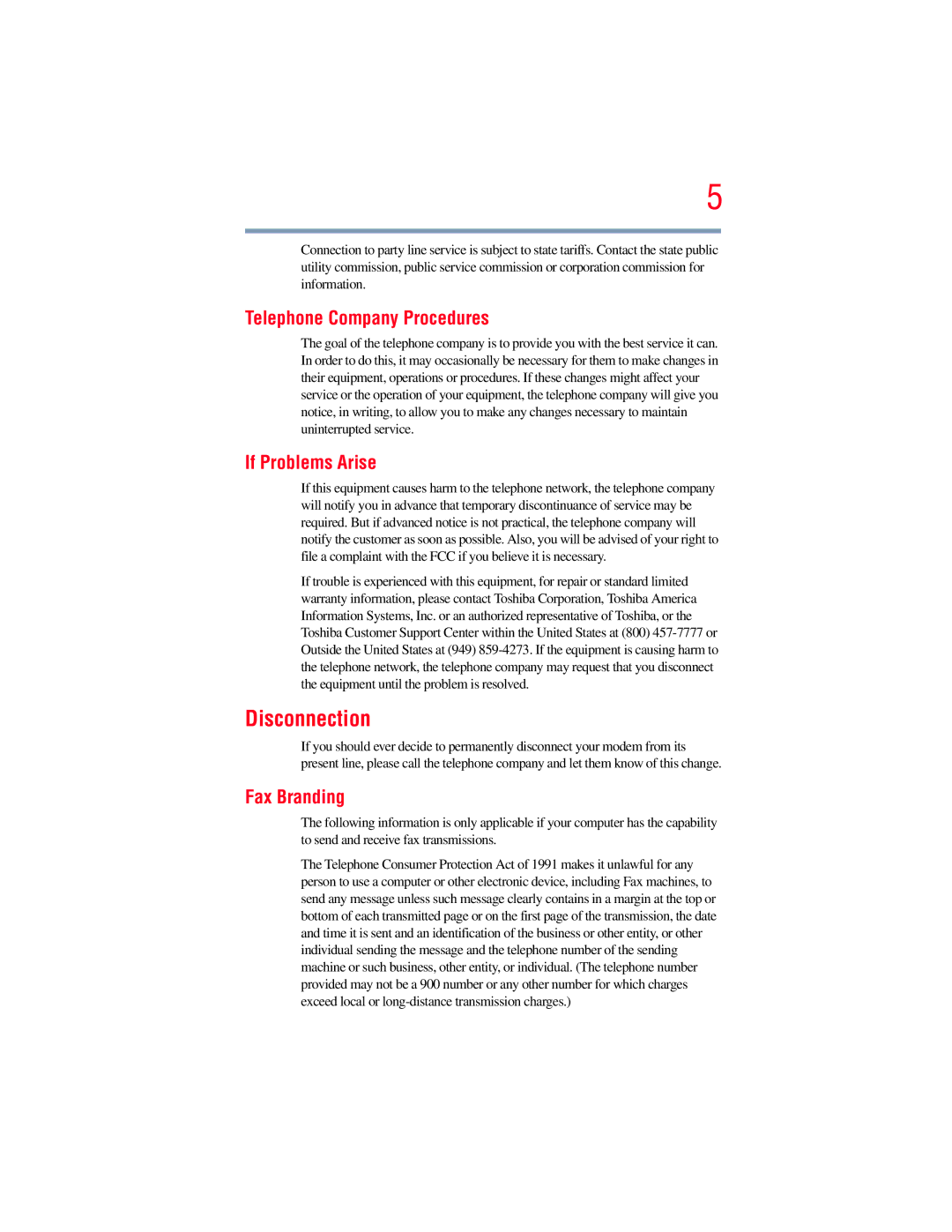 Toshiba E300 manual Disconnection, Telephone Company Procedures, If Problems Arise, Fax Branding 