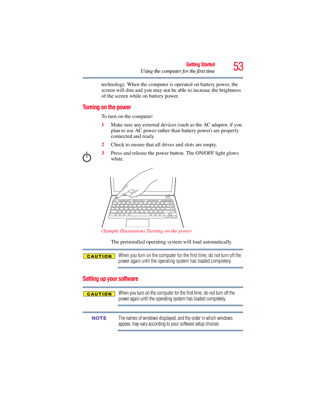 Toshiba E300 manual Turning on the power, Setting up your software, Using the computer for the first time 