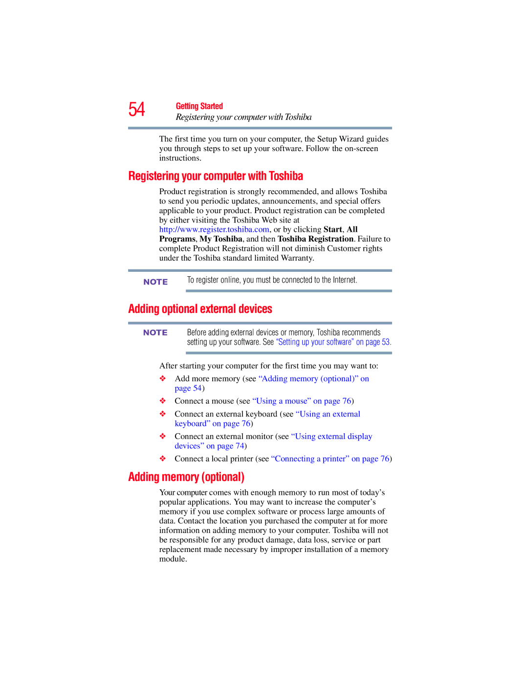 Toshiba E300 manual Registering your computer with Toshiba, Adding optional external devices, Adding memory optional 