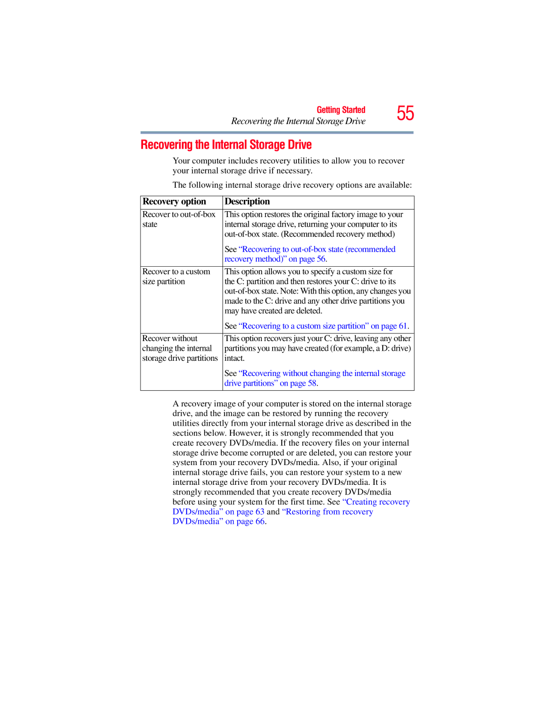 Toshiba E300 manual Recovering the Internal Storage Drive, Recovery option Description 