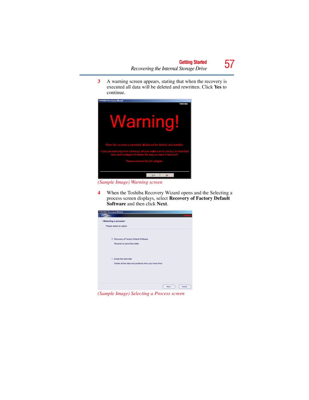 Toshiba E300 manual Sample Image Warning screen, Sample Image Selecting a Process screen 