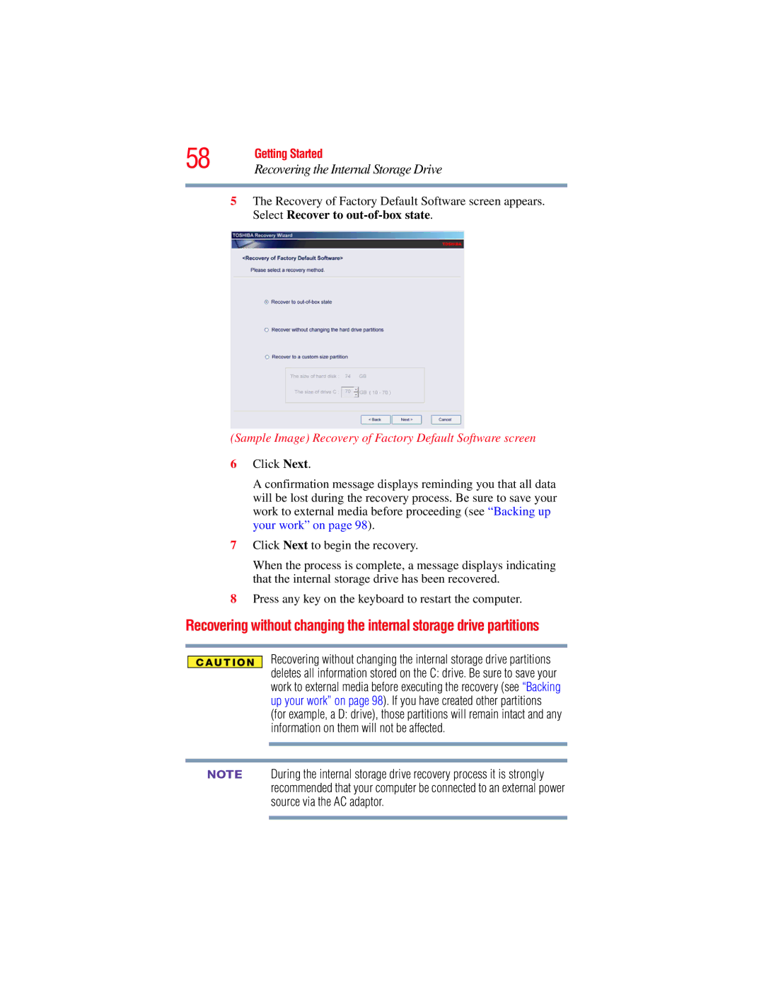 Toshiba E300 manual Sample Image Recovery of Factory Default Software screen 