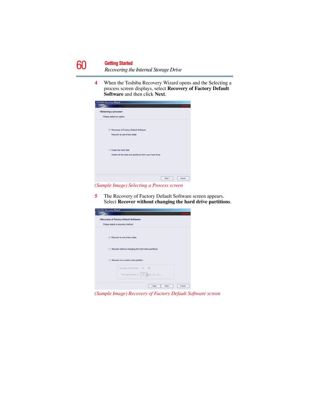 Toshiba E300 manual Sample Image Selecting a Process screen 