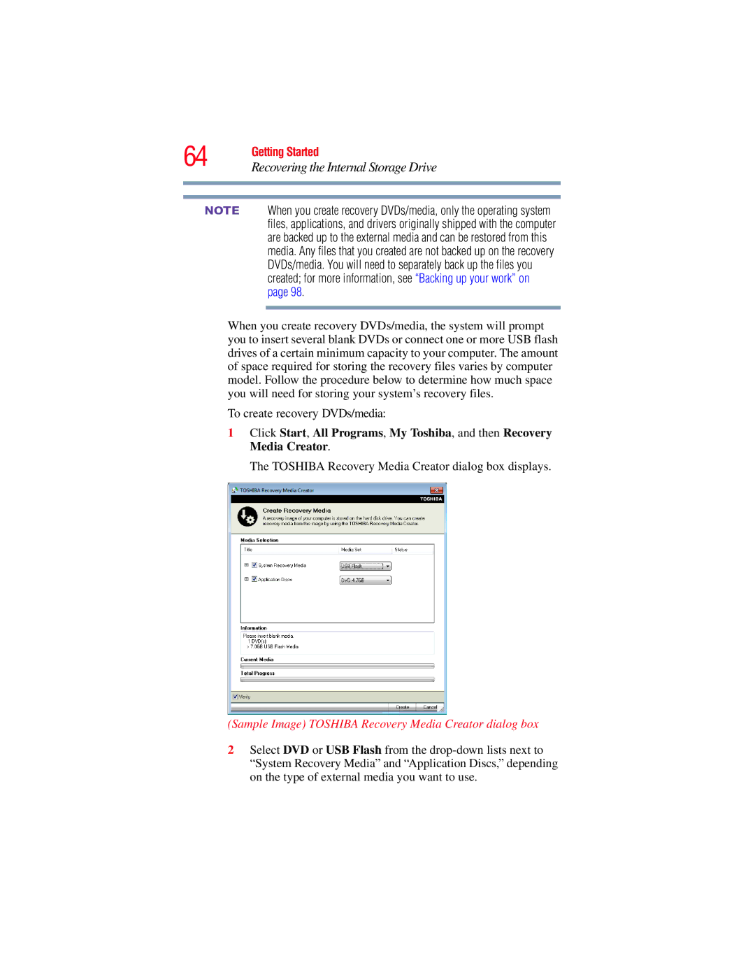 Toshiba E300 manual Sample Image Toshiba Recovery Media Creator dialog box 