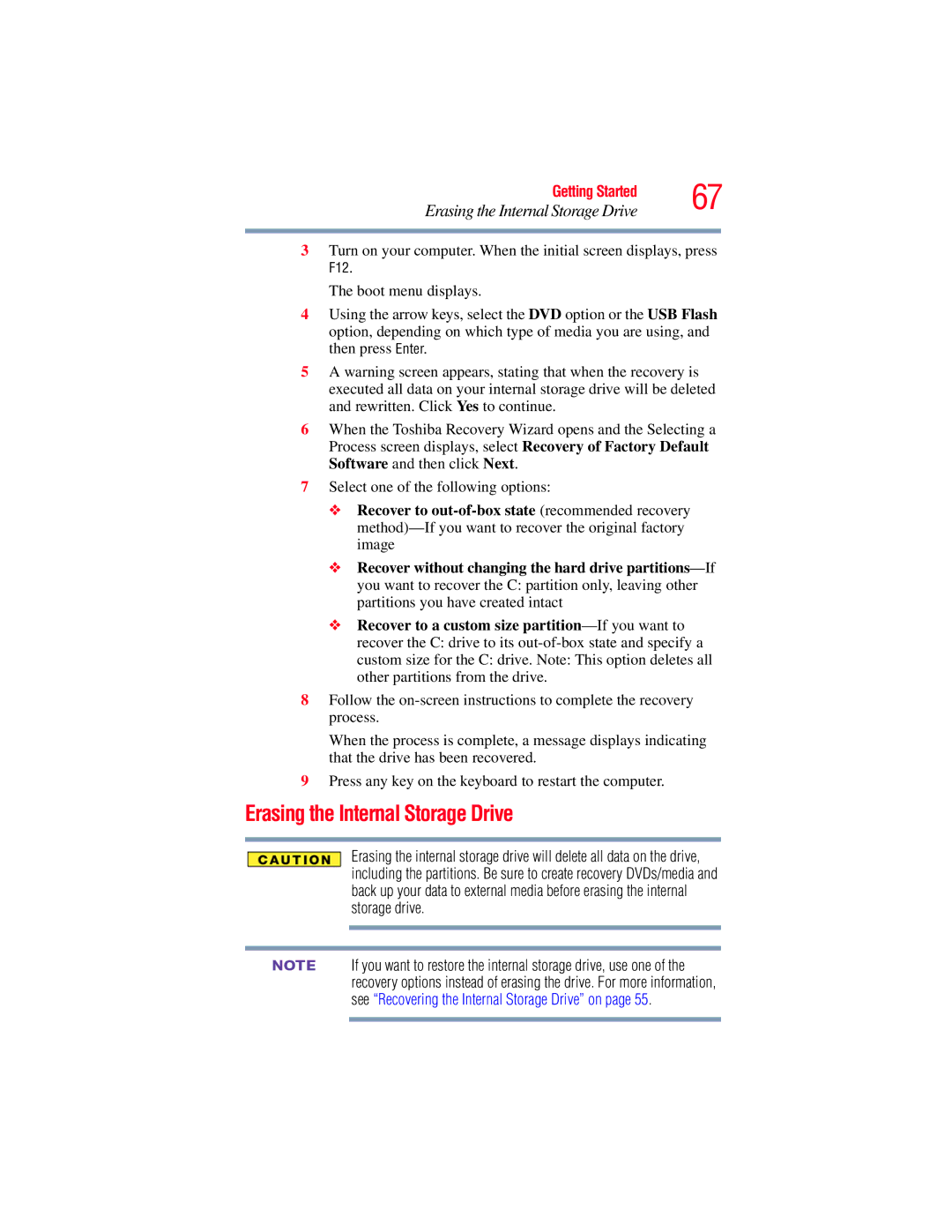 Toshiba E300 manual Erasing the Internal Storage Drive 