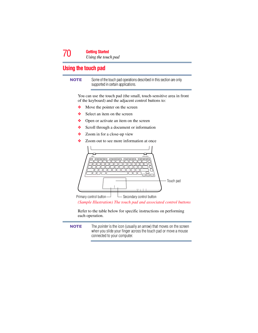 Toshiba E300 manual Using the touch pad 