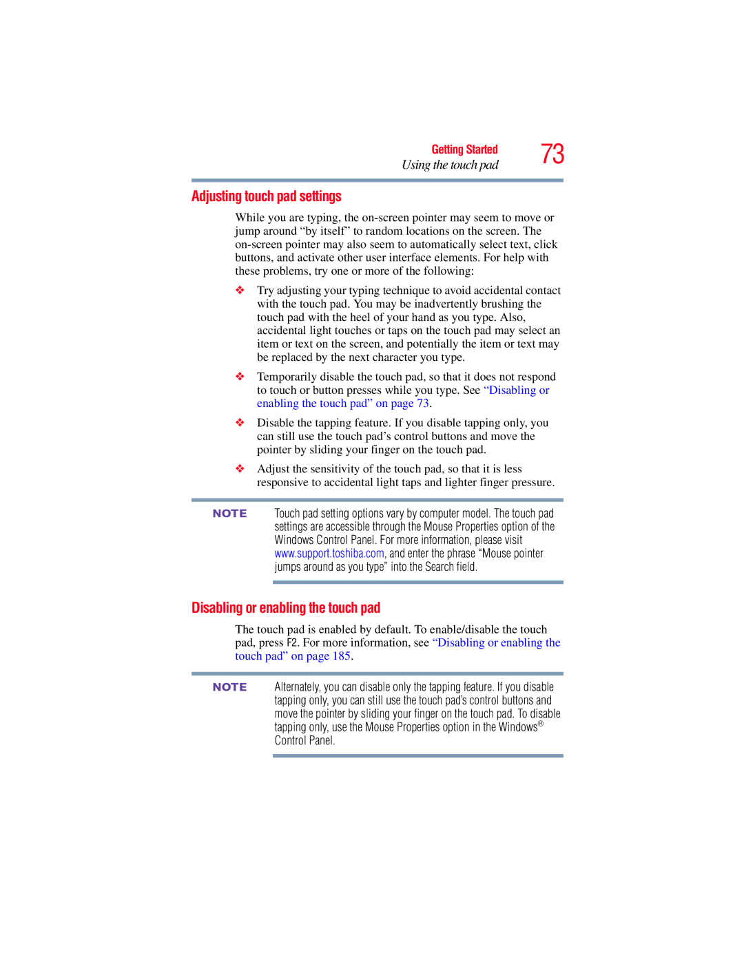 Toshiba E300 manual Adjusting touch pad settings, Disabling or enabling the touch pad 