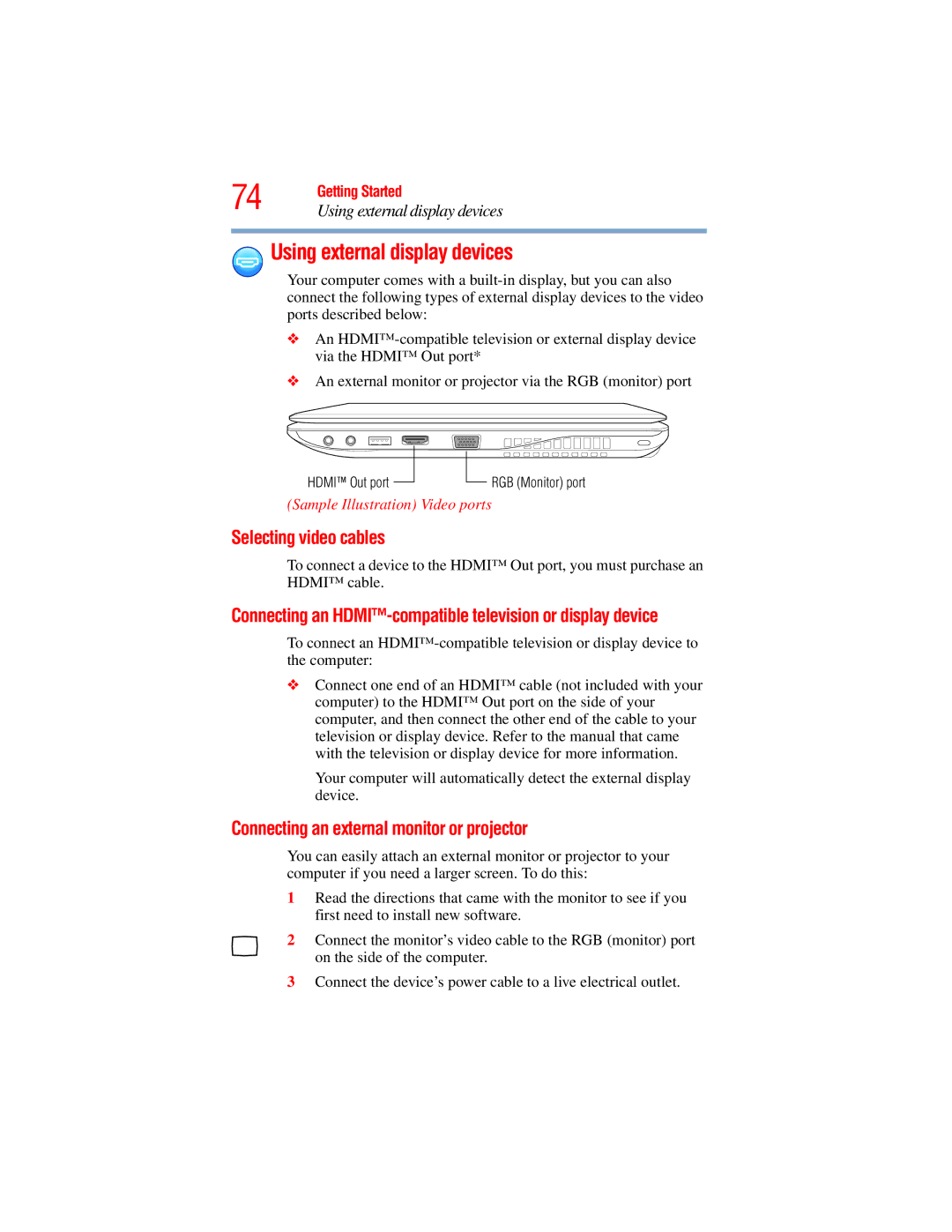 Toshiba E300 manual Using external display devices, Selecting video cables, Connecting an external monitor or projector 