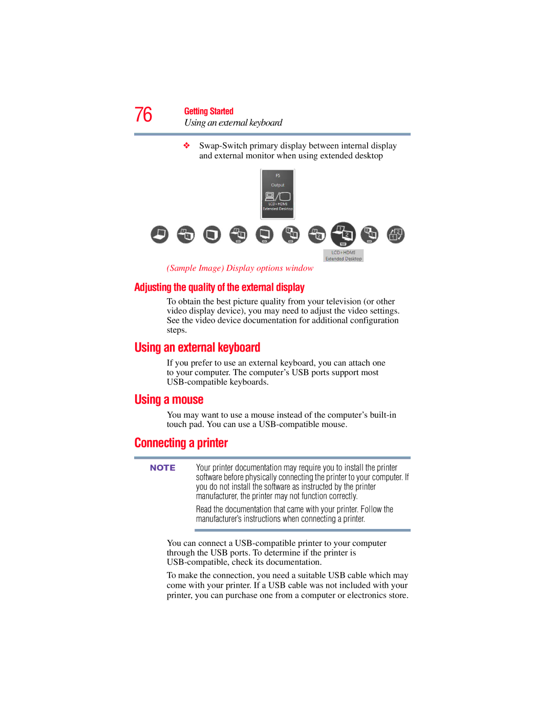 Toshiba E300 manual Using an external keyboard, Using a mouse, Connecting a printer 