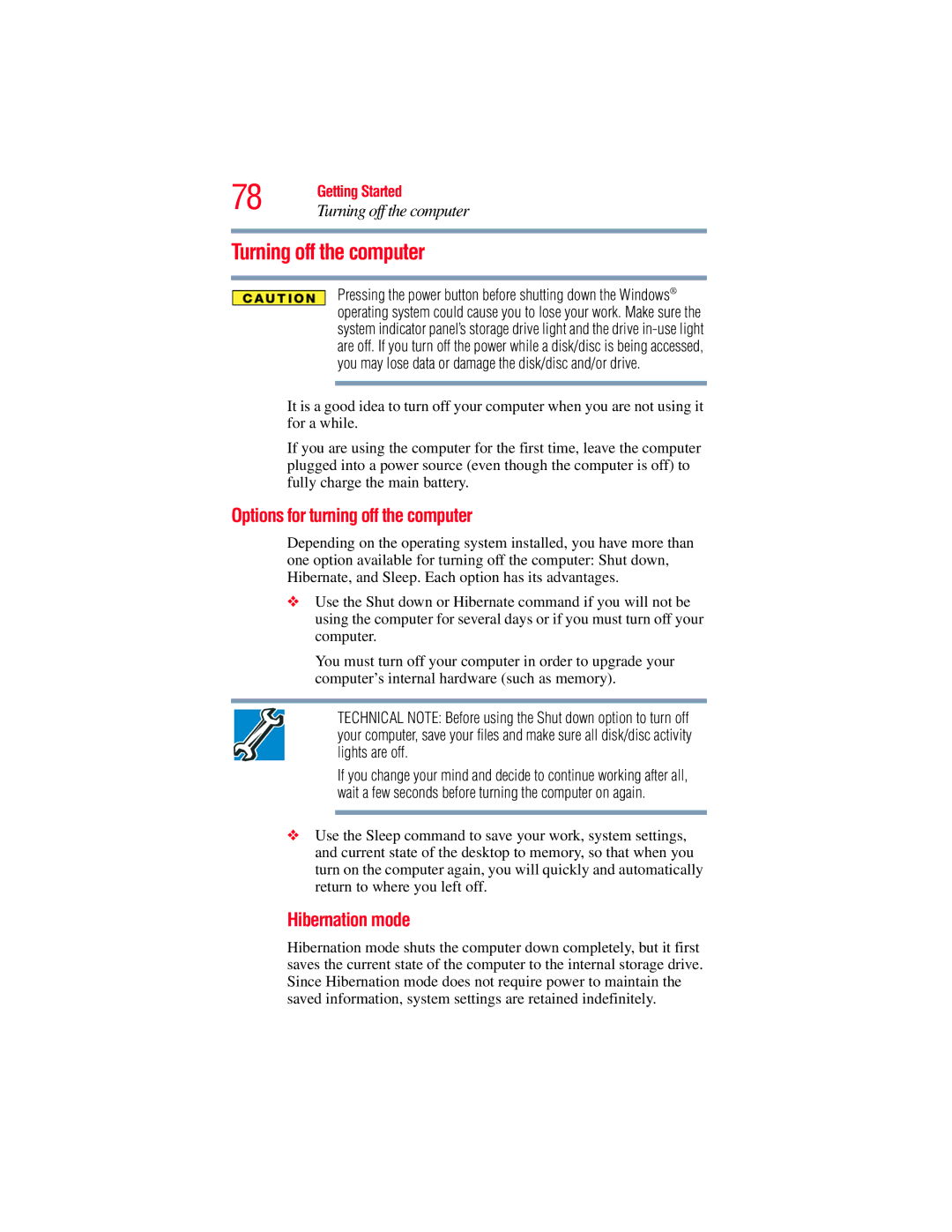 Toshiba E300 manual Turning off the computer, Options for turning off the computer, Hibernation mode 