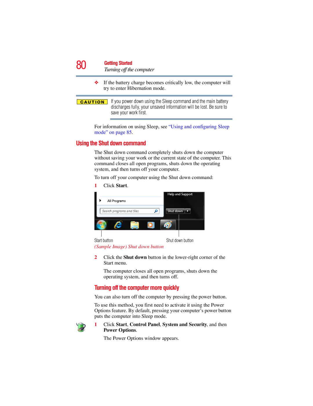 Toshiba E300 manual Using the Shut down command, Turning off the computer more quickly, Sample Image Shut down button 