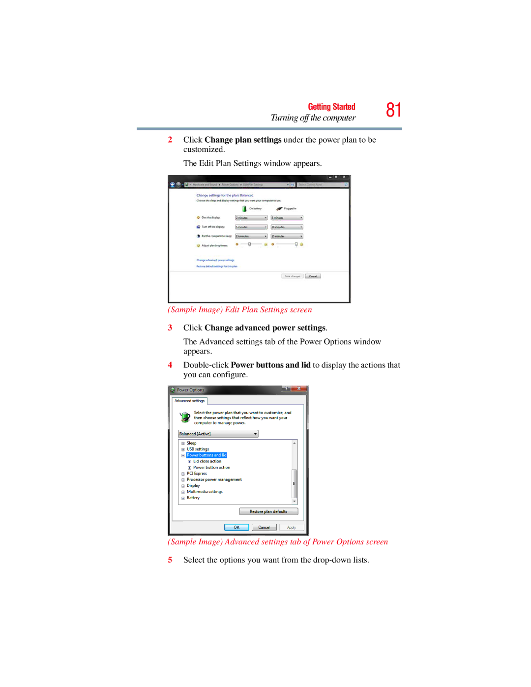 Toshiba E300 manual Sample Image Edit Plan Settings screen, Click Change advanced power settings 