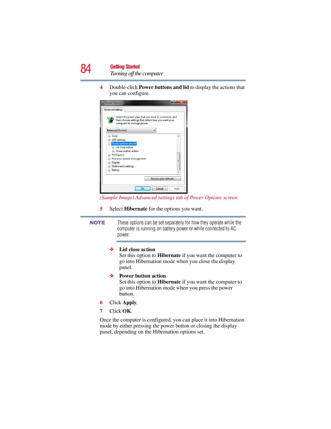 Toshiba E300 manual Select Hibernate for the options you want 