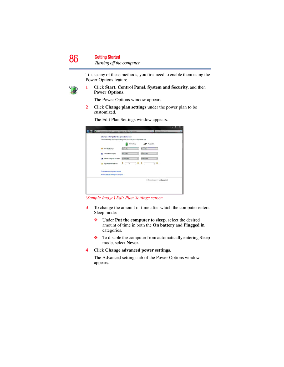 Toshiba E300 manual Click Change advanced power settings 