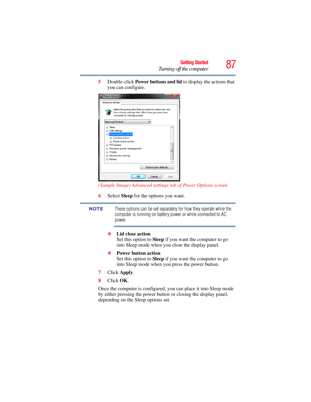 Toshiba E300 manual Select Sleep for the options you want 